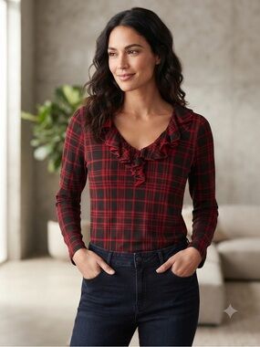 American Living Red and Black Plaid Ruffle V-Neck Long Sleeve Top